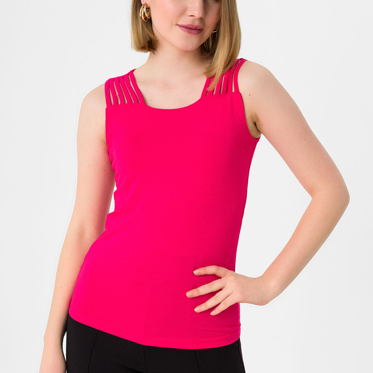 Women's Fuchsia Piped Strap Sleeveless Jersey Blouse