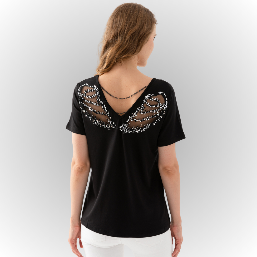Women's Black Mediterranean-Style Blouse with an Open-Back and Angel Wing Details