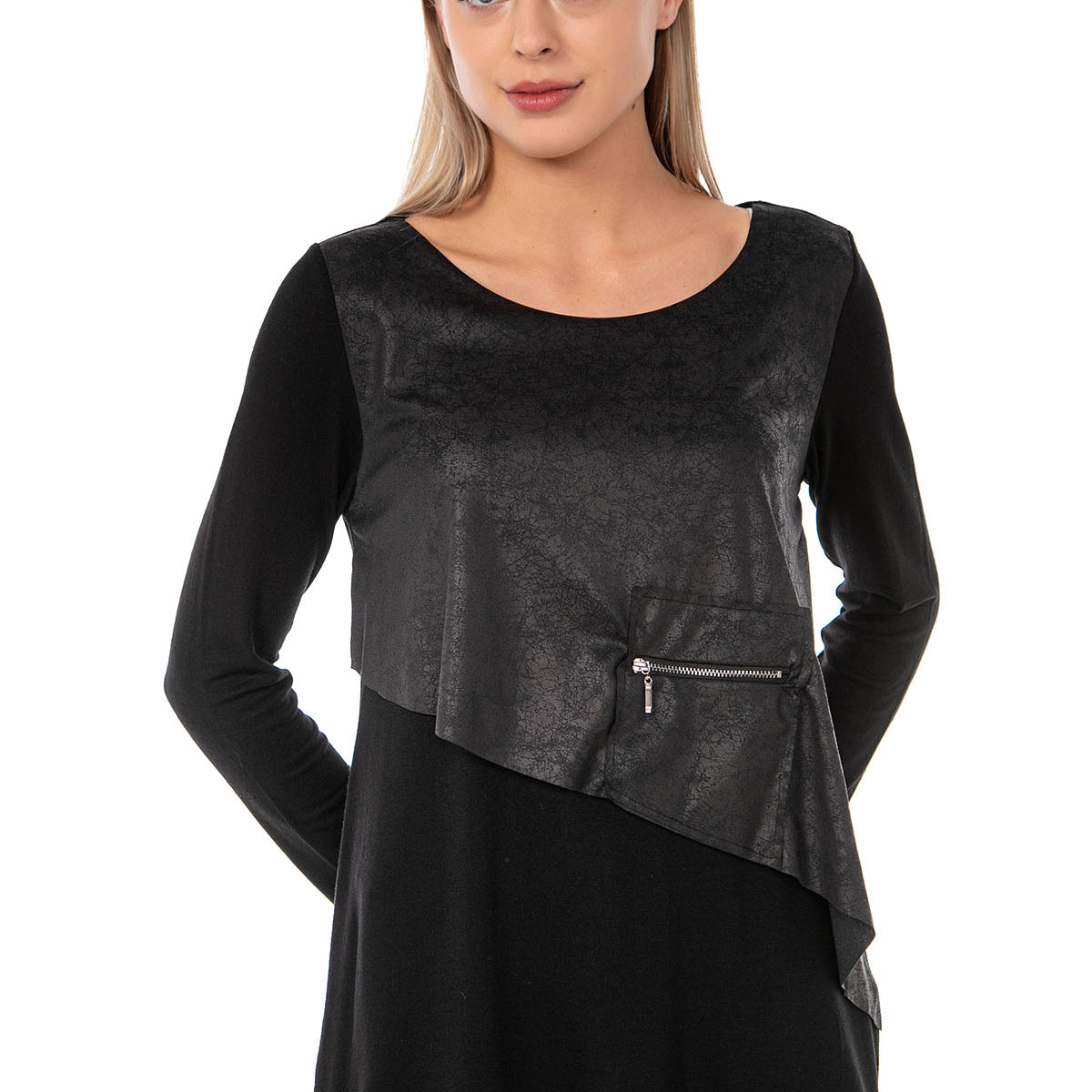 Women's Black Faux Leather Detail Crew Neck Blouse