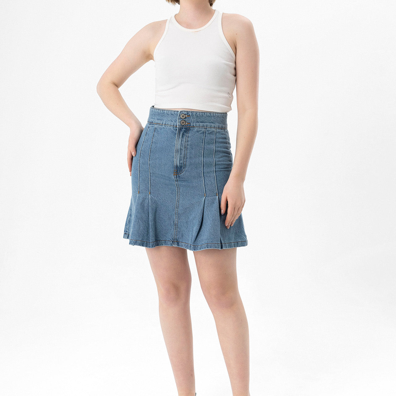 Women's Light Blue Pleated Denim Skirt