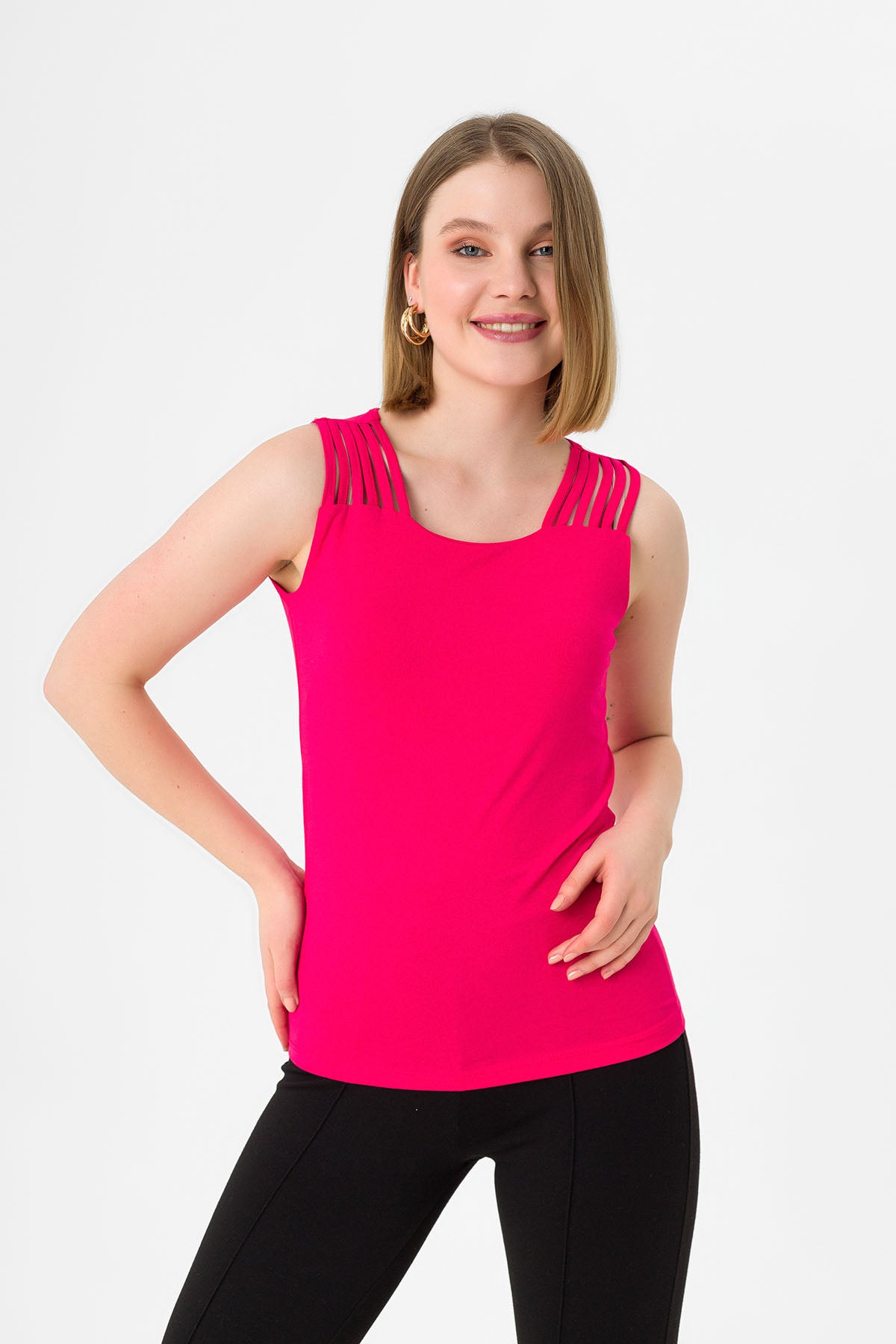 Women's Fuchsia Piped Strap Sleeveless Jersey Blouse