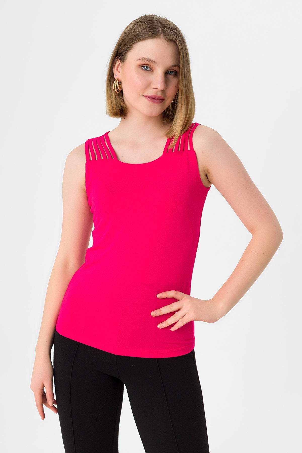 Women's Fuchsia Piped Strap Sleeveless Jersey Blouse