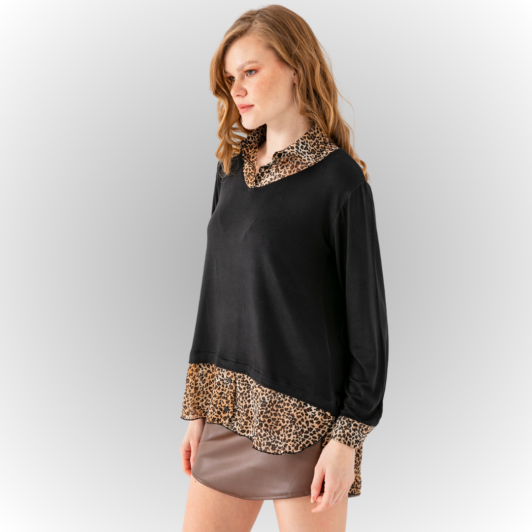 Women's Black Long-Sleeve Blouse with Shirt Collar and Leopard Print Details