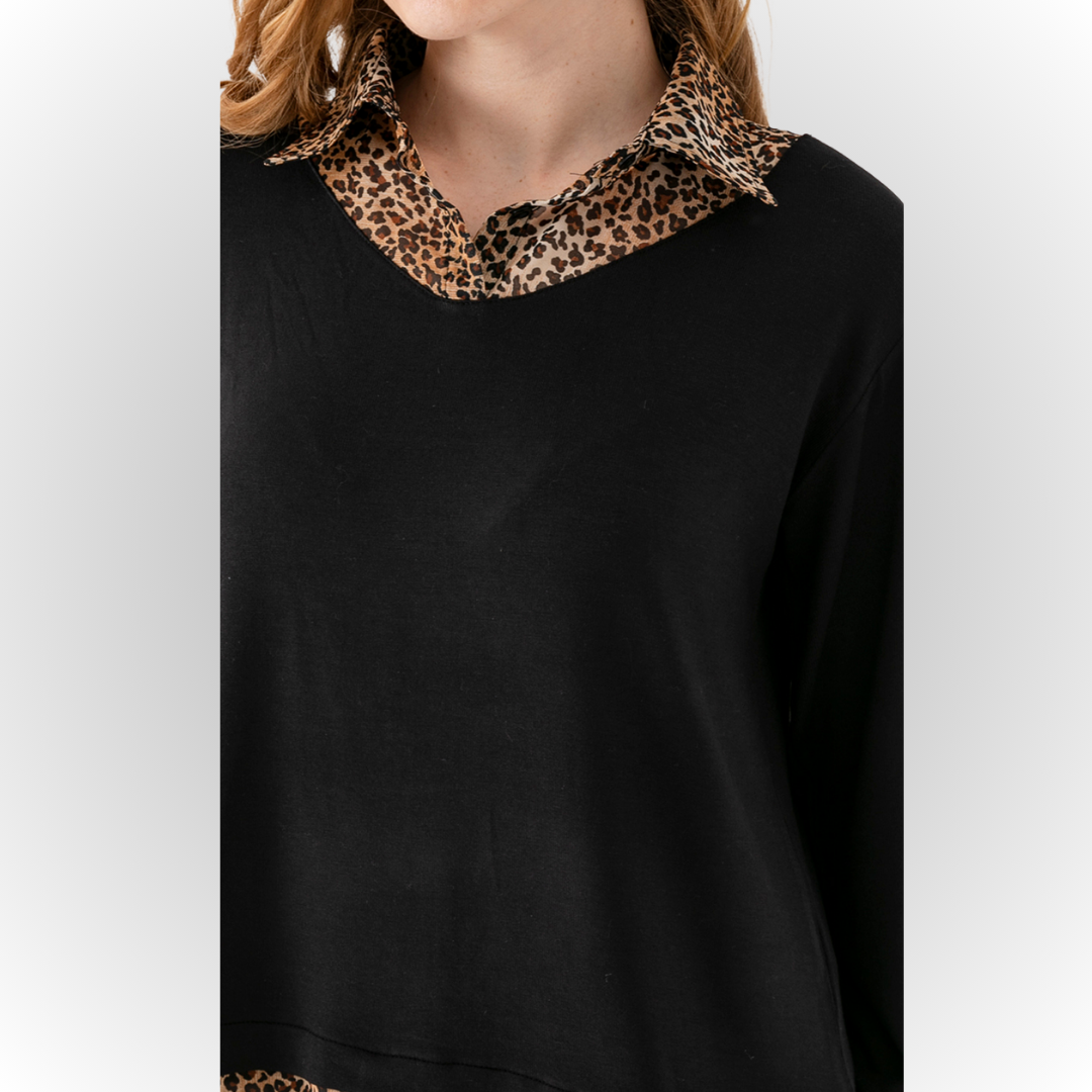 Women's Black Long-Sleeve Blouse with Shirt Collar and Leopard Print Details