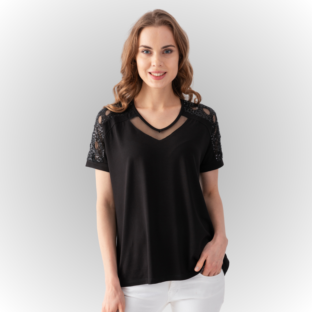 Women's Black Blouse with Tulle Details on the Chest and Shoulders and Sequin Embroidery