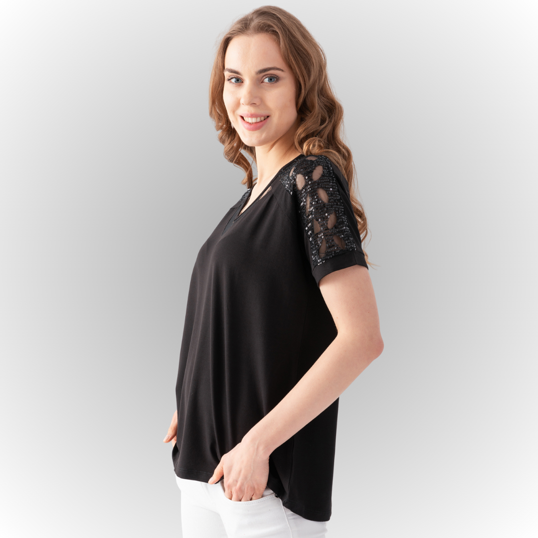 Women's Black Blouse with Tulle Details on the Chest and Shoulders and Sequin Embroidery