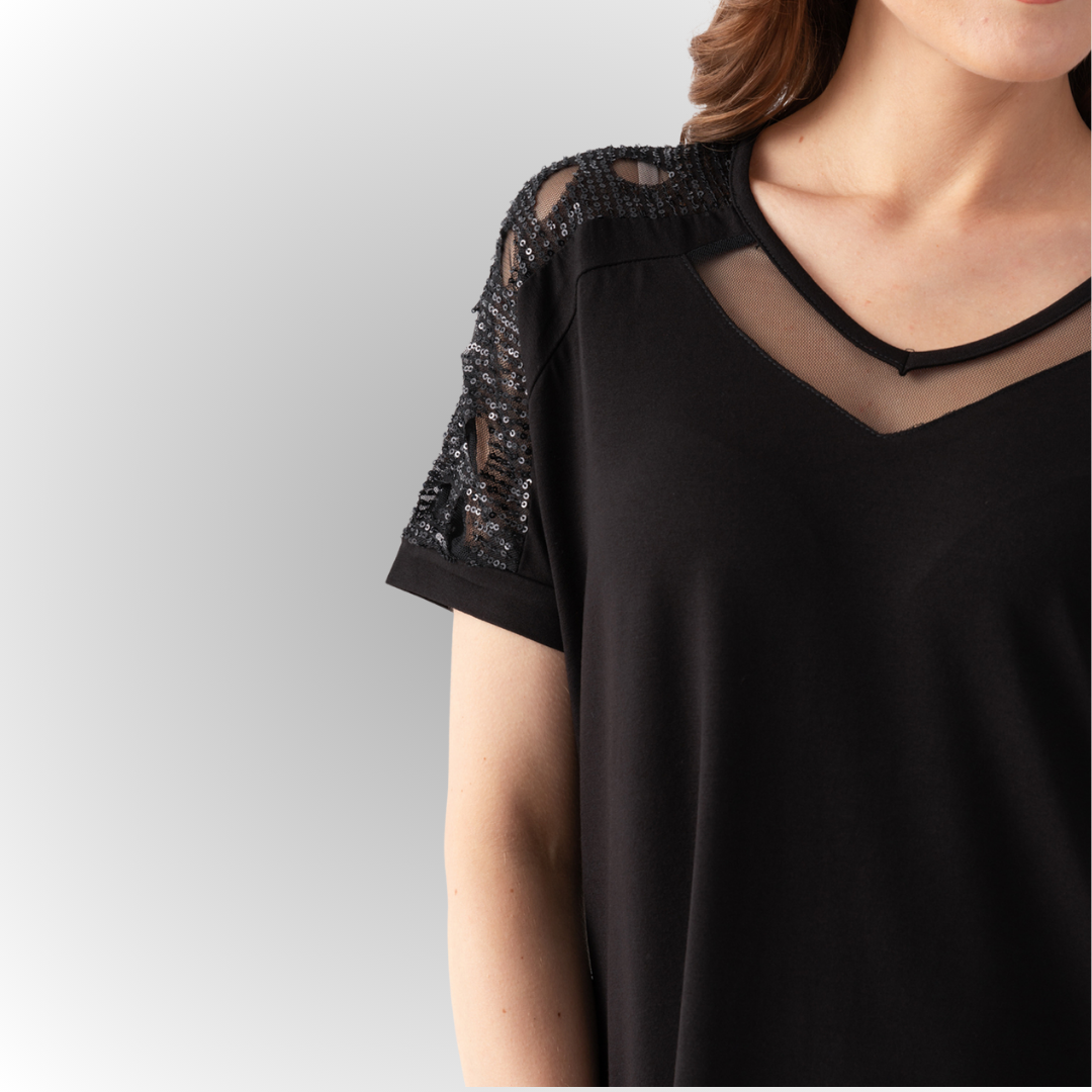 Women's Black Blouse with Tulle Details on the Chest and Shoulders and Sequin Embroidery