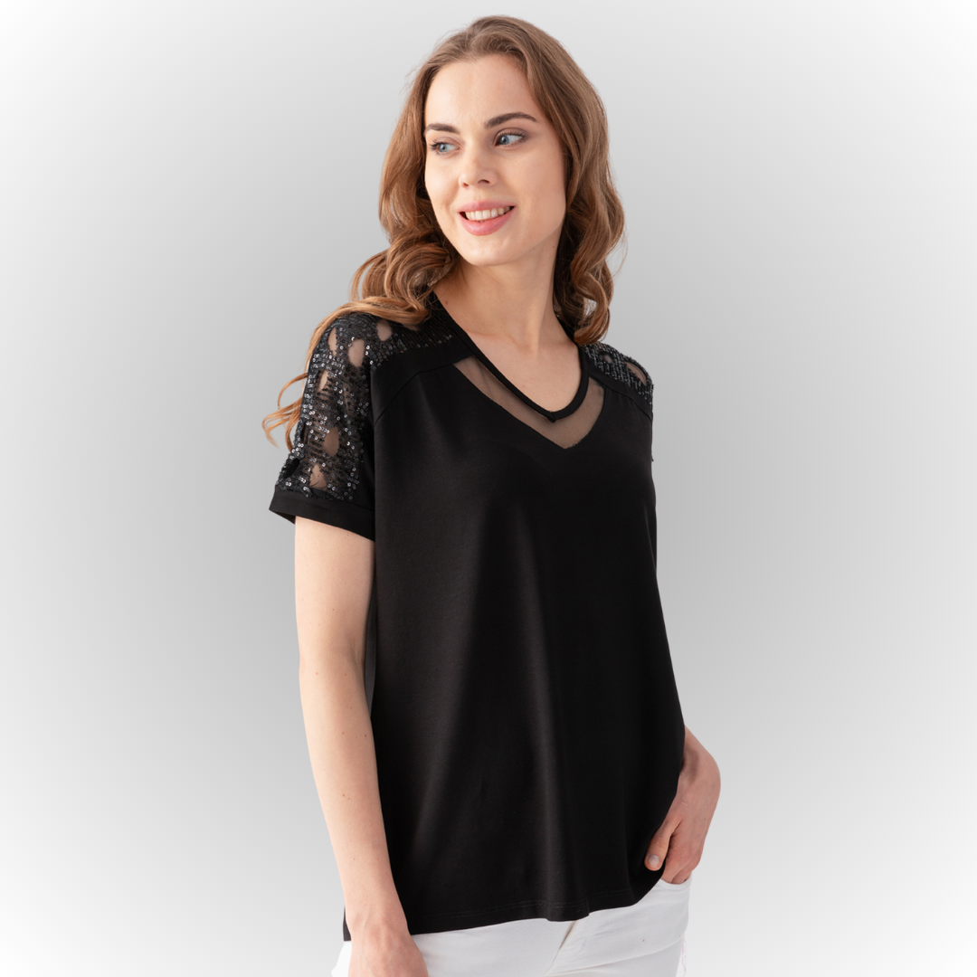 Women's Black Blouse with Tulle Details on the Chest and Shoulders and Sequin Embroidery