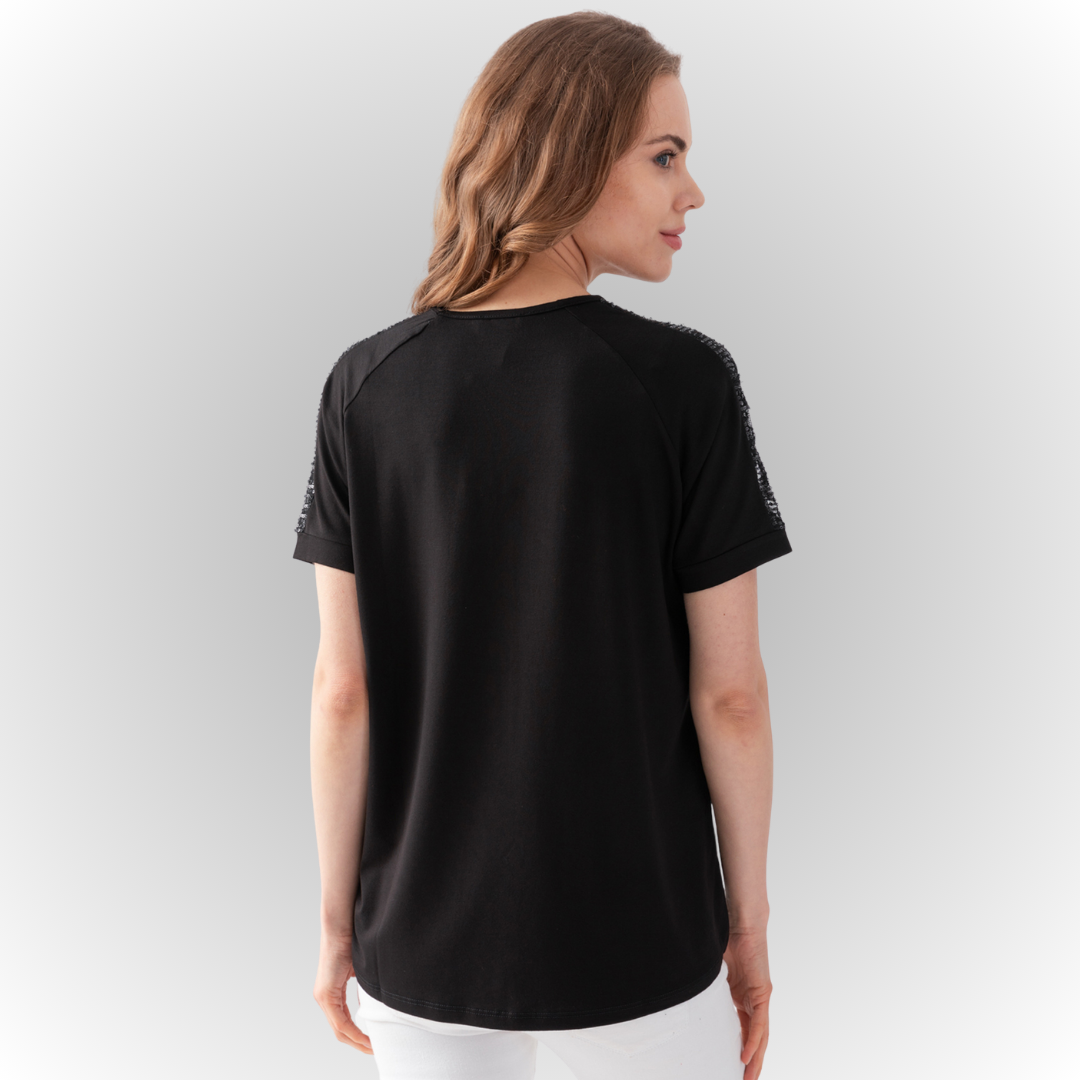 Women's Black Blouse with Tulle Details on the Chest and Shoulders and Sequin Embroidery