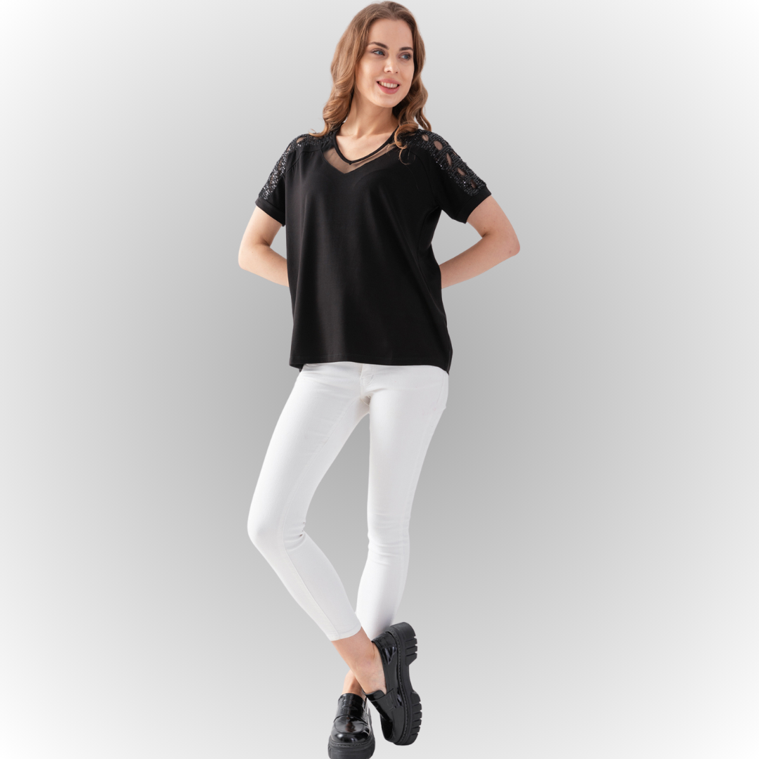 Women's Black Blouse with Tulle Details on the Chest and Shoulders and Sequin Embroidery