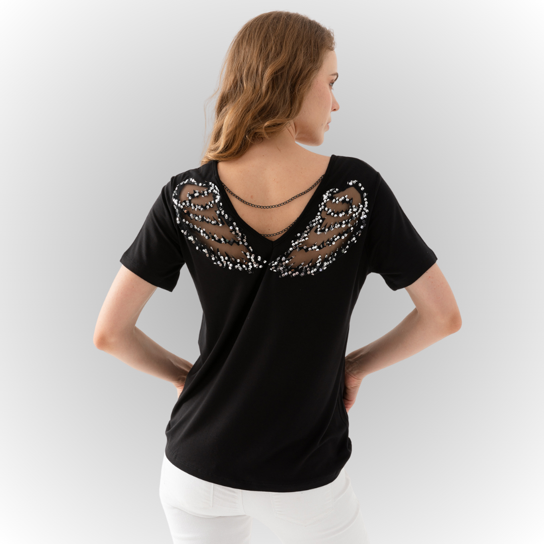 Women's Black Mediterranean-Style Blouse with an Open-Back and Angel Wing Details