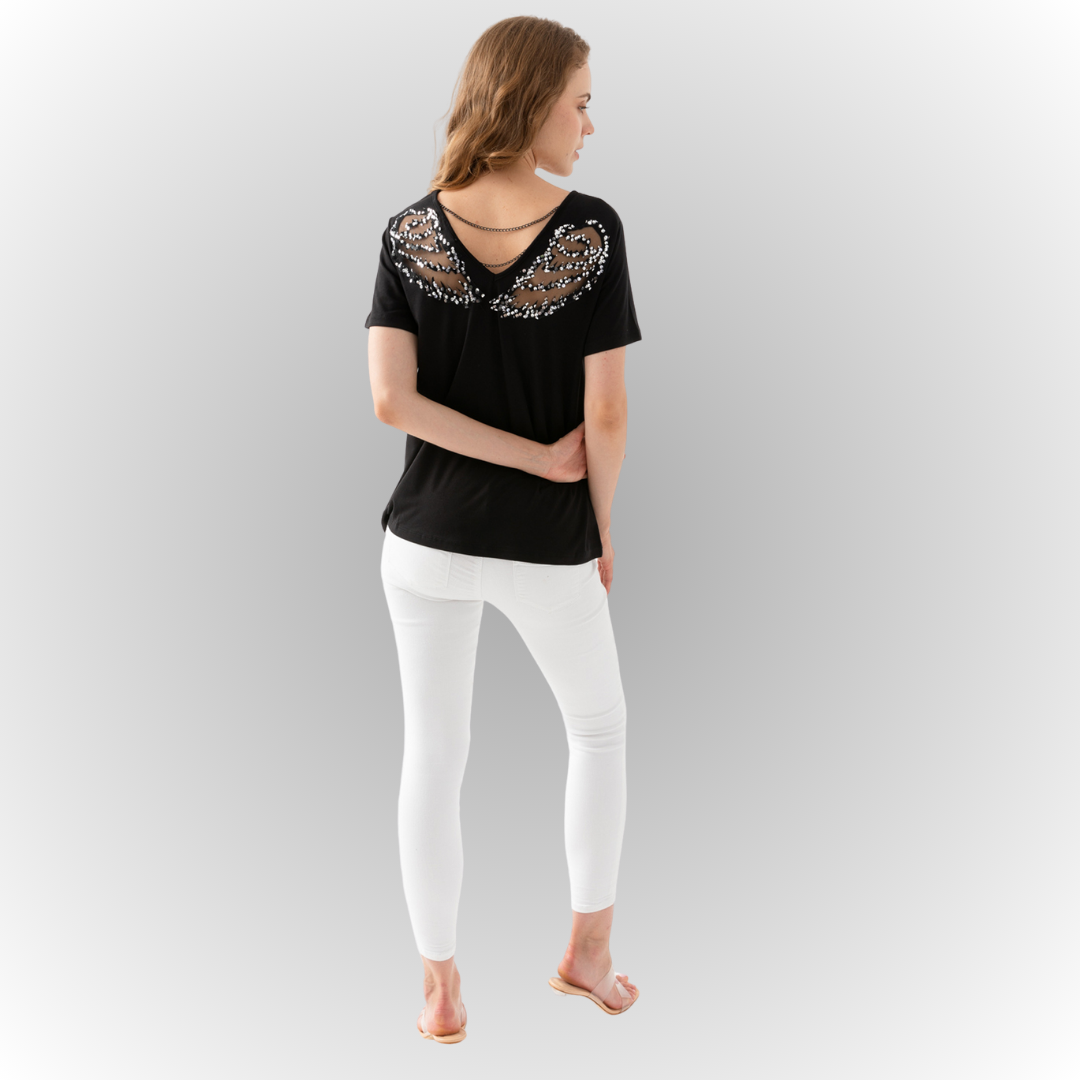 Women's Black Mediterranean-Style Blouse with an Open-Back and Angel Wing Details