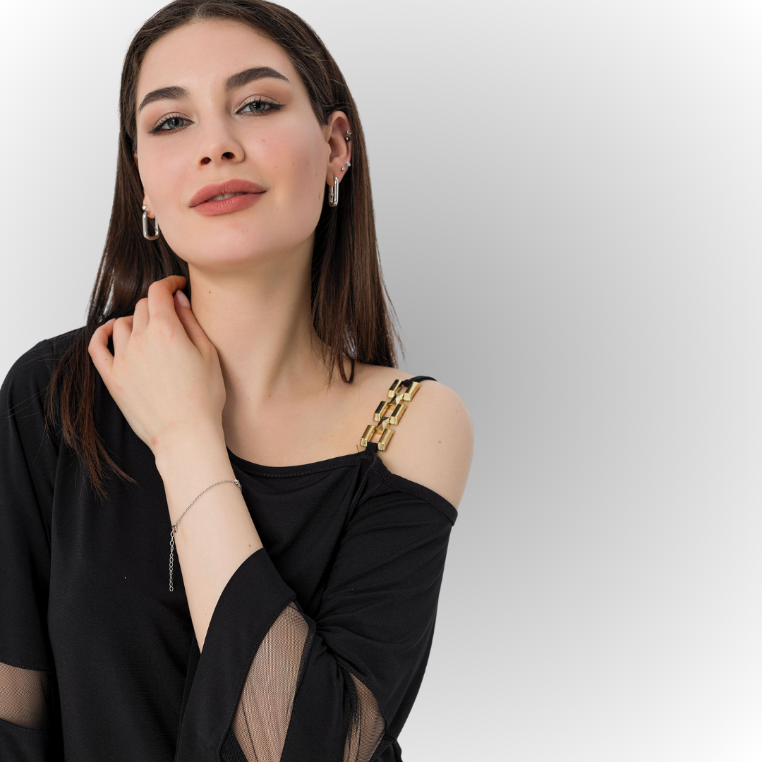Women's Black One-Shoulder Blouse with Tulle-Detail Sleeves and a Boat Neck for Daily Wear