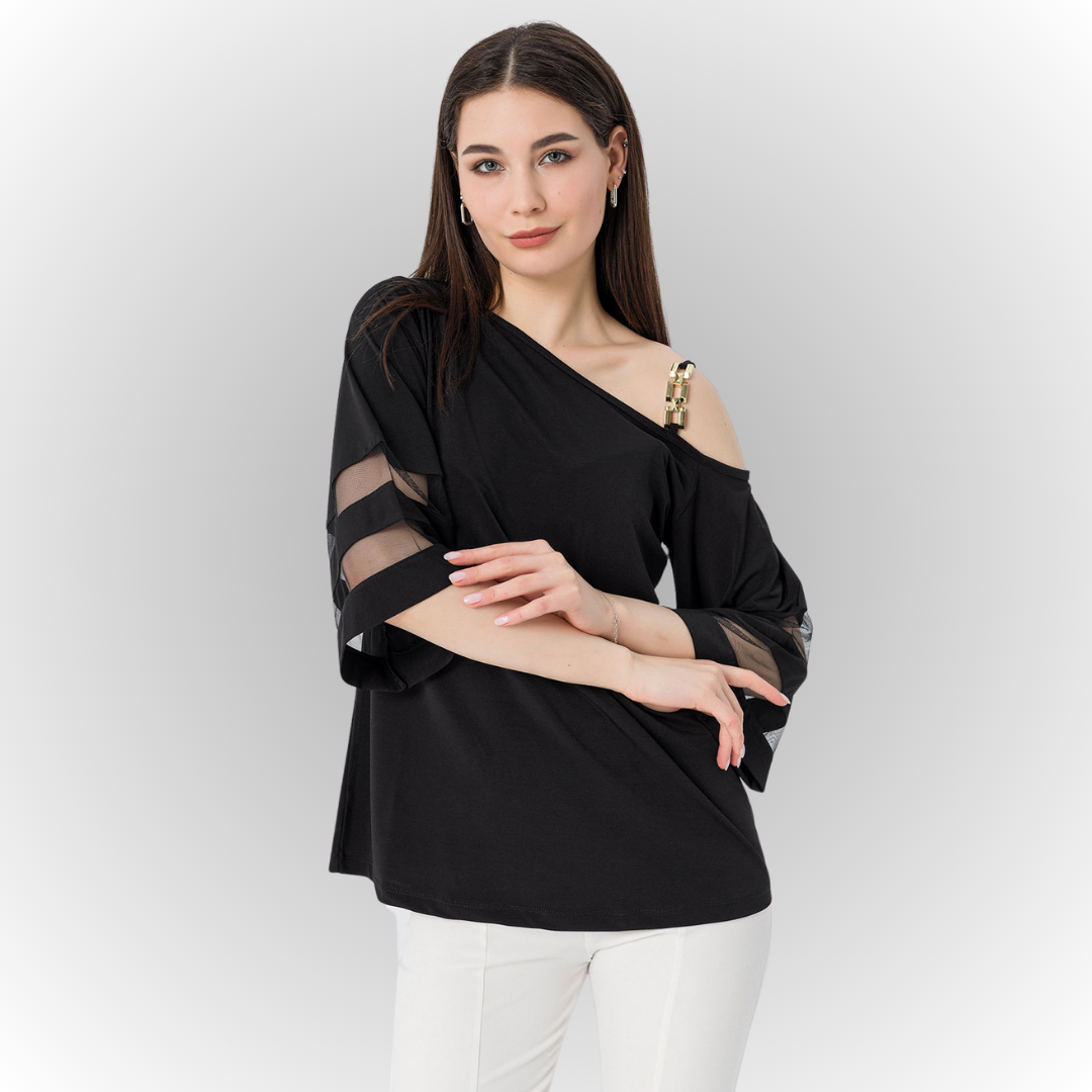 Women's Black One-Shoulder Blouse with Tulle-Detail Sleeves and a Boat Neck for Daily Wear