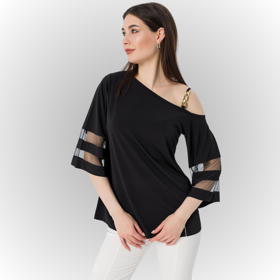 Women's Black One-Shoulder Blouse with Tulle-Detail Sleeves and a Boat Neck for Daily Wear