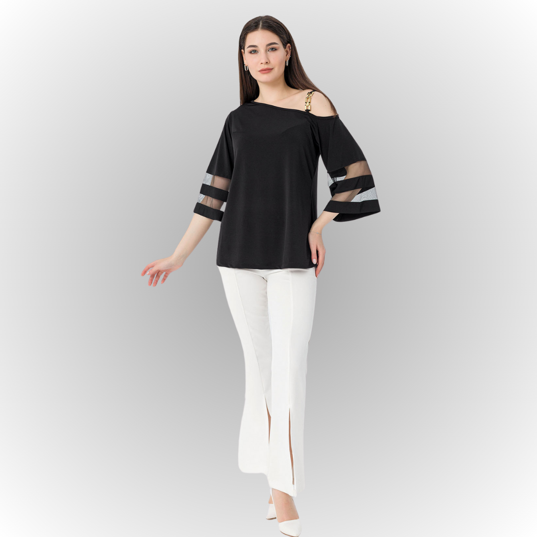 Women's Black One-Shoulder Blouse with Tulle-Detail Sleeves and a Boat Neck for Daily Wear
