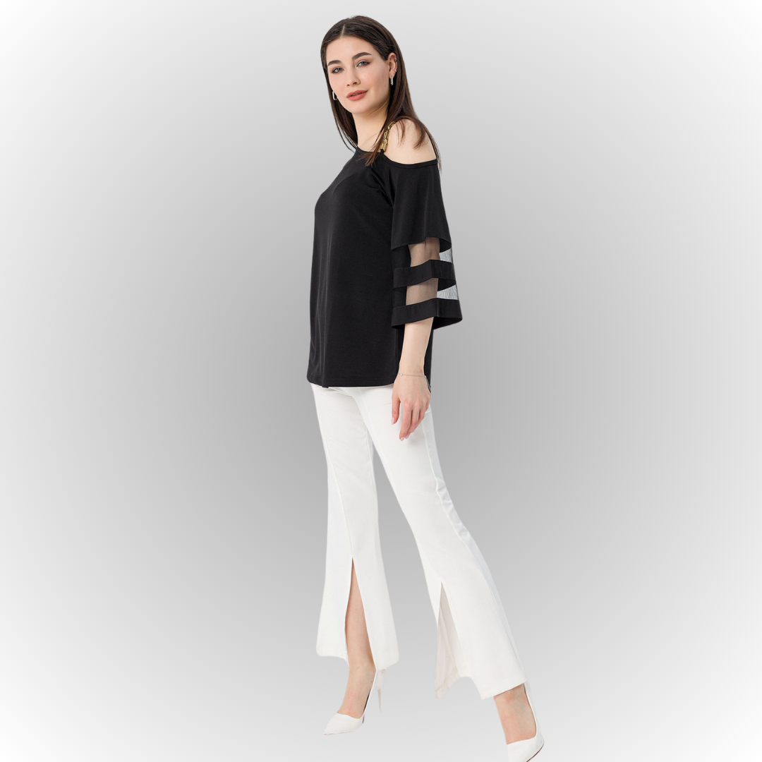 Women's Black One-Shoulder Blouse with Tulle-Detail Sleeves and a Boat Neck for Daily Wear