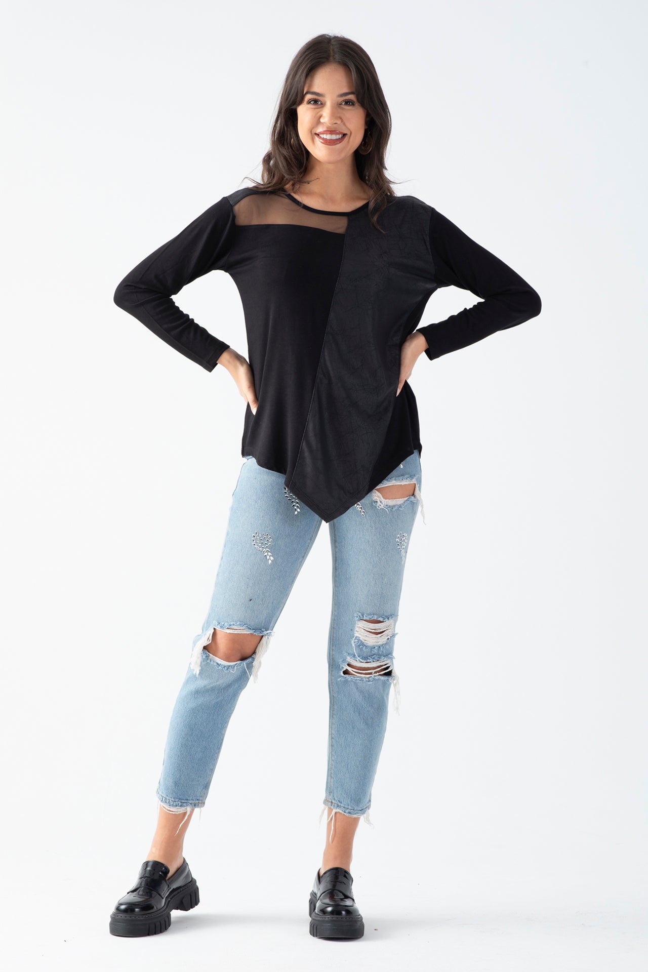 Women's Black Blouse with Tulle Detail on the Collar, Faux Leather Front, and Asymmetric Hem for Daily Wear