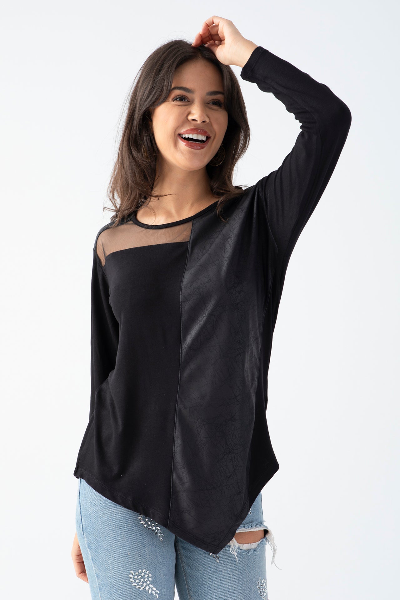 Women's Black Blouse with Tulle Detail on the Collar, Faux Leather Front, and Asymmetric Hem for Daily Wear