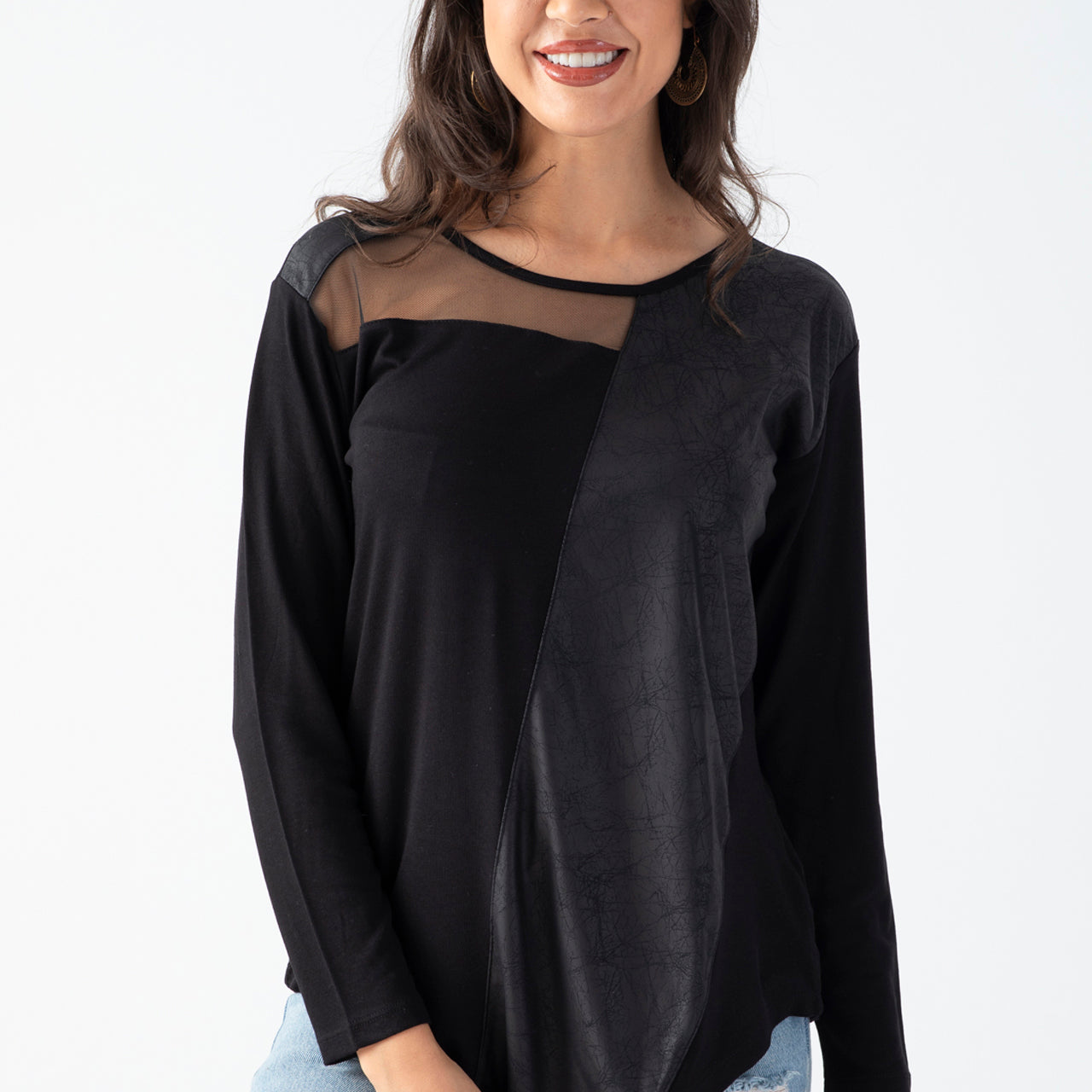 Women's Black Blouse with Tulle Detail on the Collar, Faux Leather Front, and Asymmetric Hem for Daily Wear