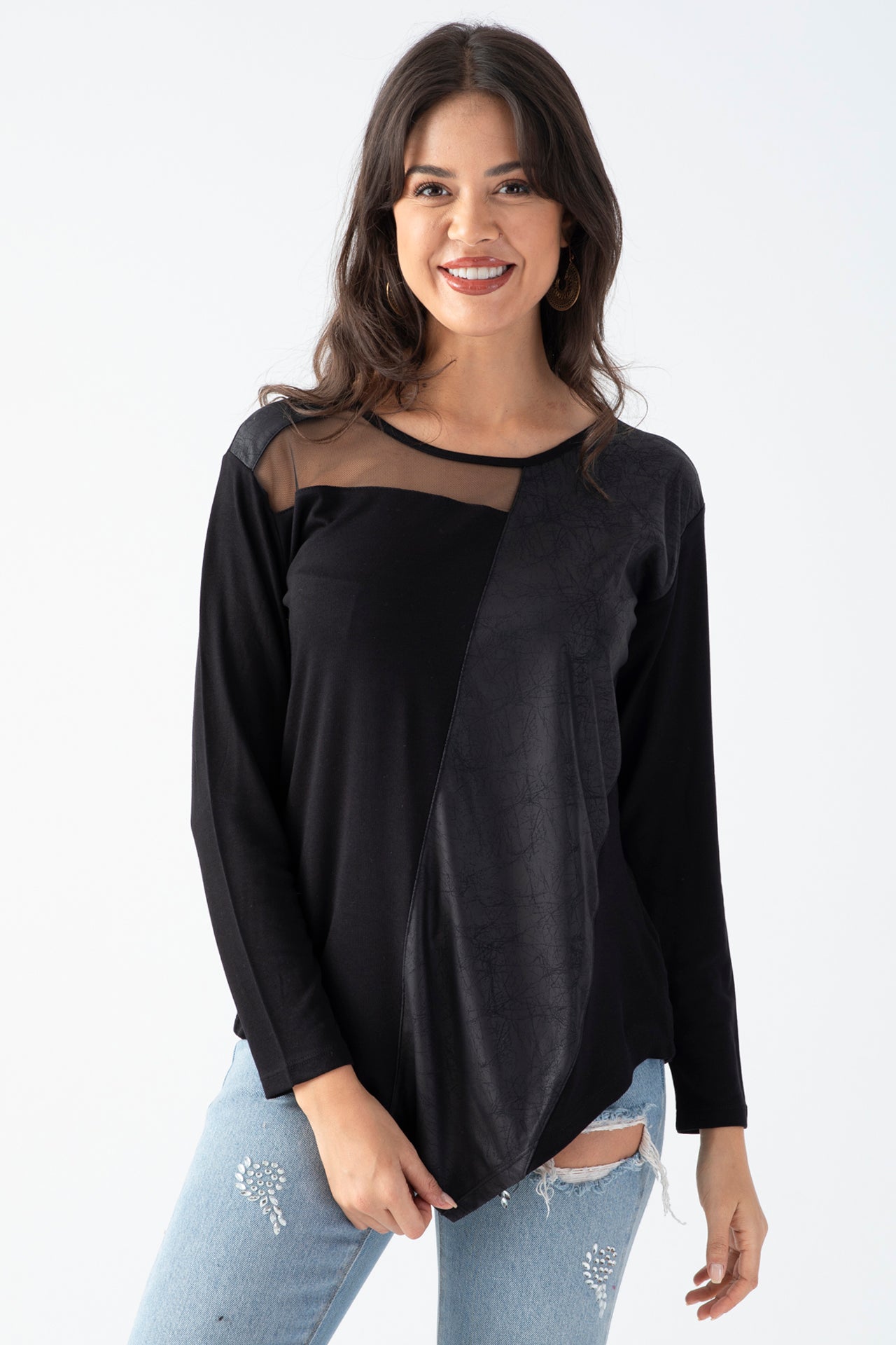 Women's Black Blouse with Tulle Detail on the Collar, Faux Leather Front, and Asymmetric Hem for Daily Wear