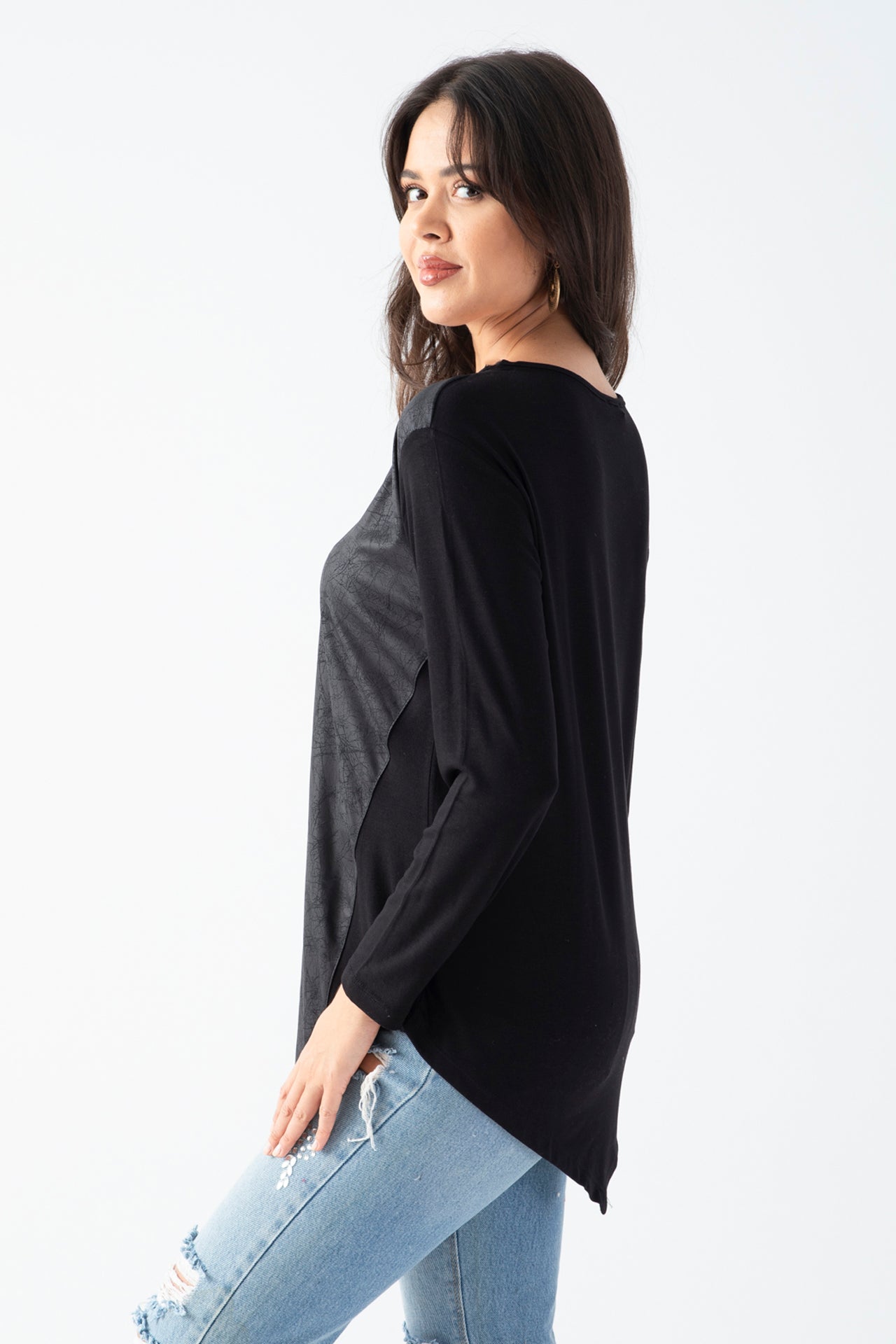 Women's Black Blouse with Tulle Detail on the Collar, Faux Leather Front, and Asymmetric Hem for Daily Wear