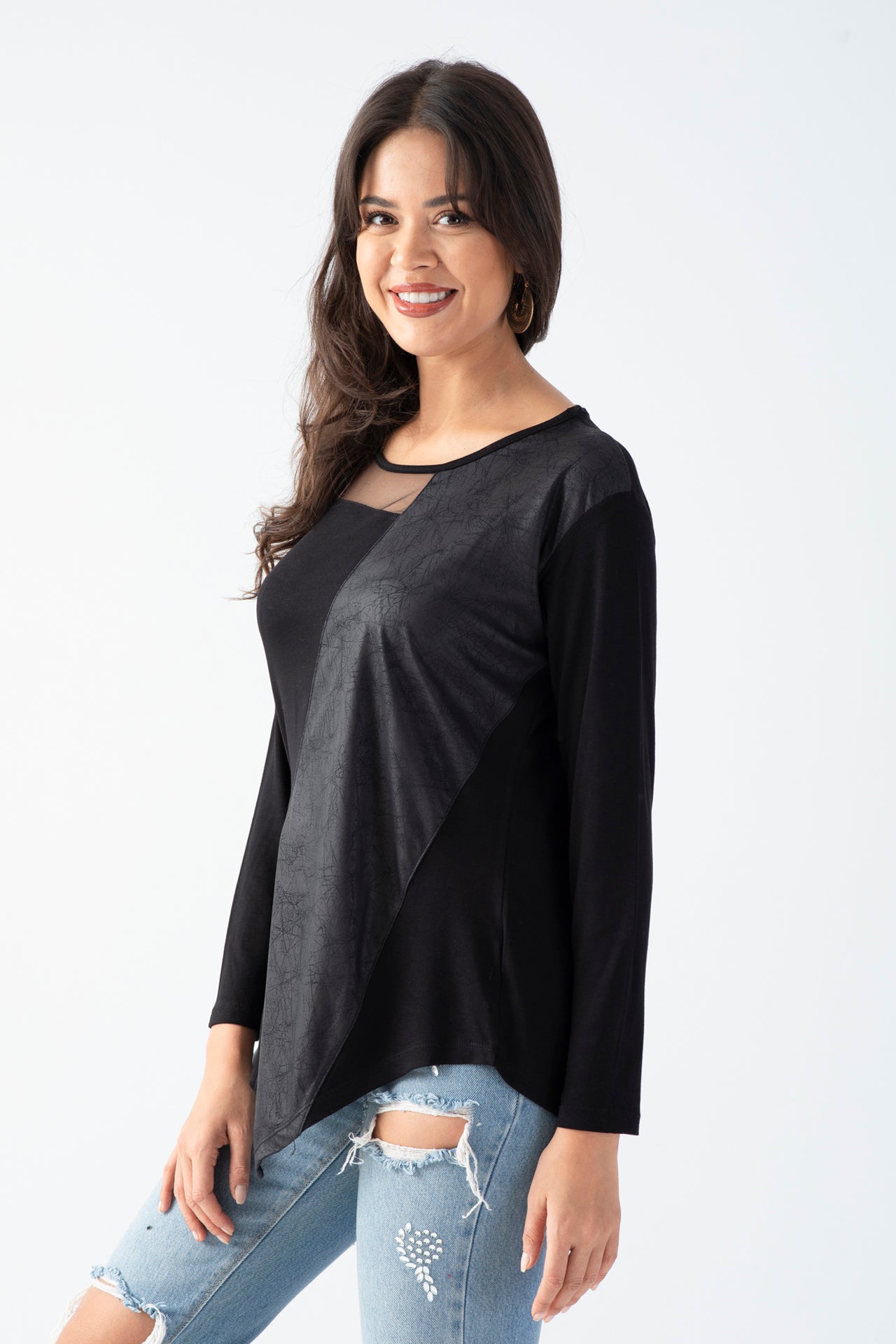 Women's Black Blouse with Tulle Detail on the Collar, Faux Leather Front, and Asymmetric Hem for Daily Wear