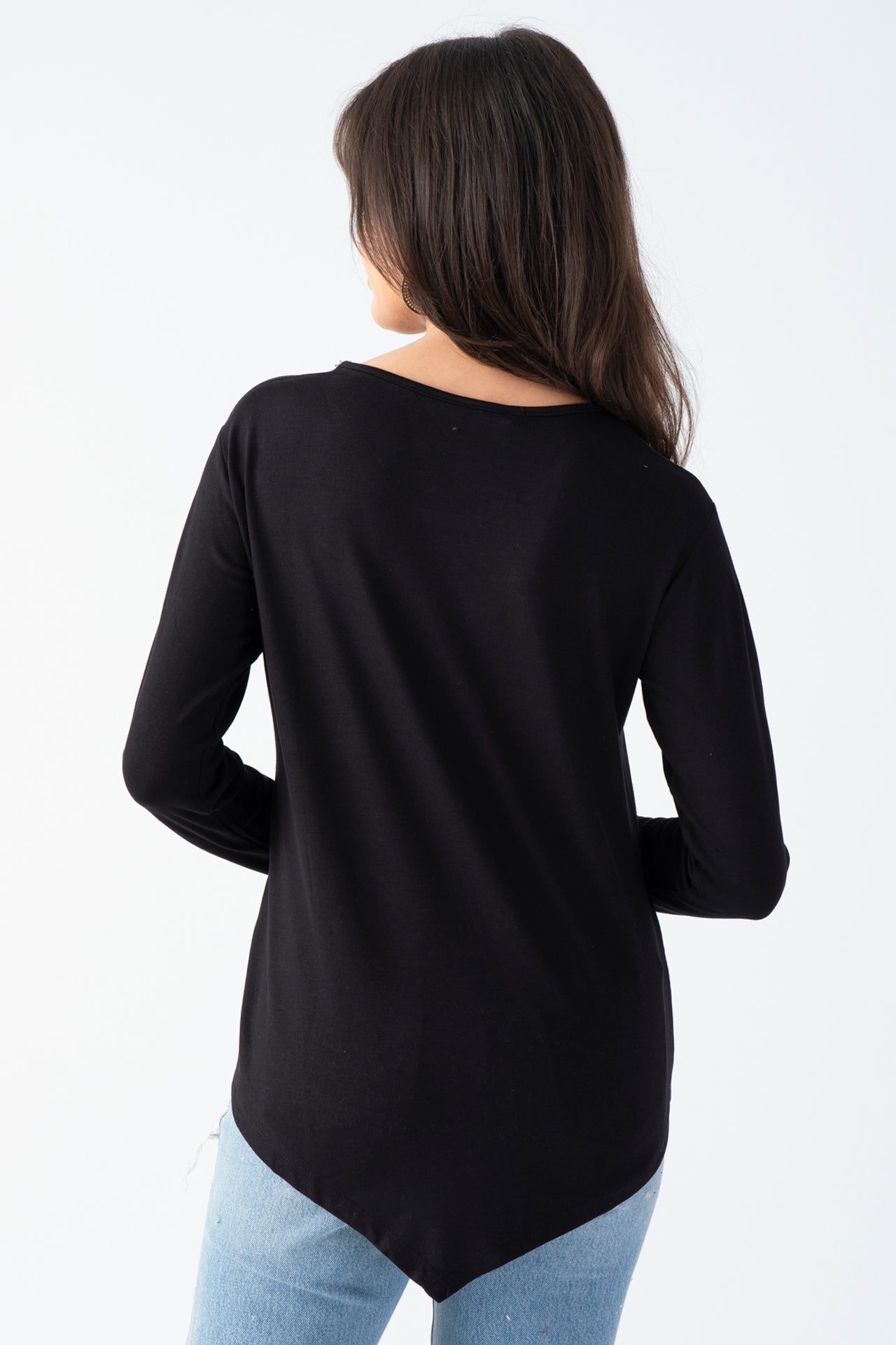 Women's Black Blouse with Tulle Detail on the Collar, Faux Leather Front, and Asymmetric Hem for Daily Wear