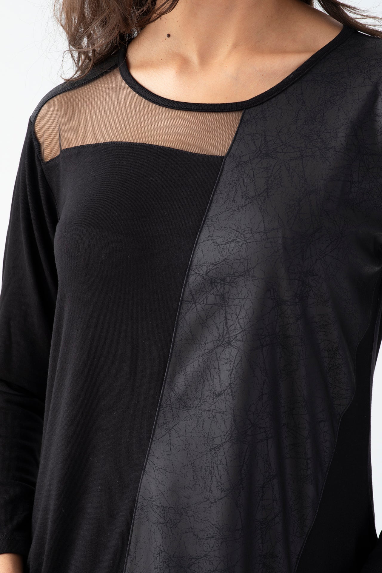Women's Black Blouse with Tulle Detail on the Collar, Faux Leather Front, and Asymmetric Hem for Daily Wear