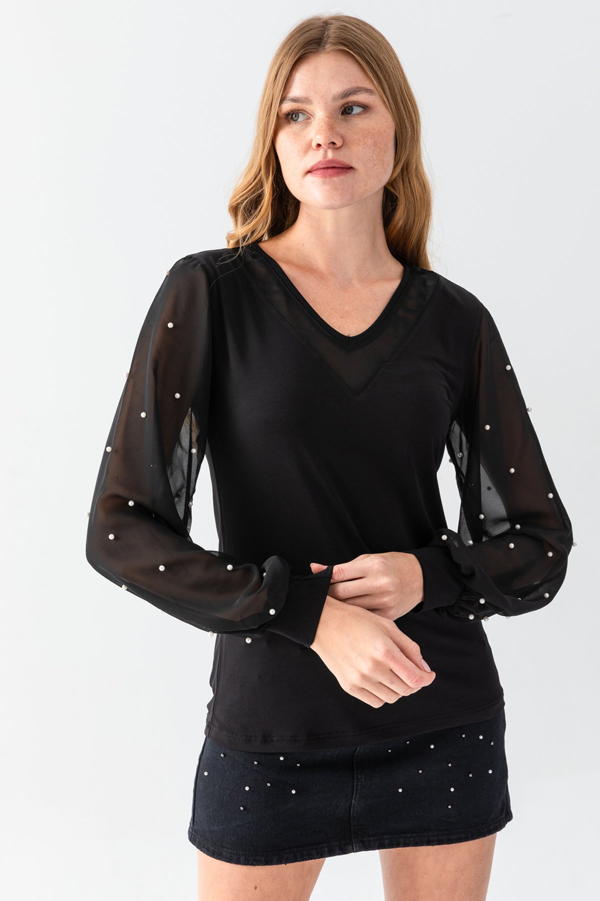 Women's Black V-Neck Blouse with Transparent Sleeves and Pearl Details on the Arms