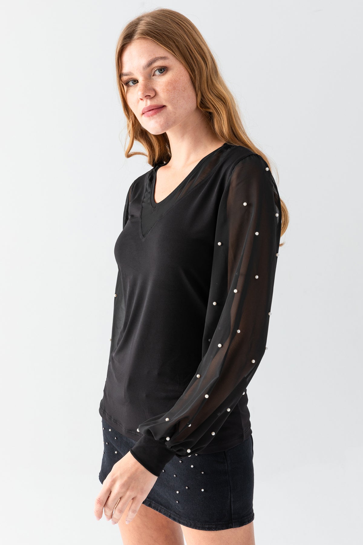 Women's Black V-Neck Blouse with Transparent Sleeves and Pearl Details on the Arms