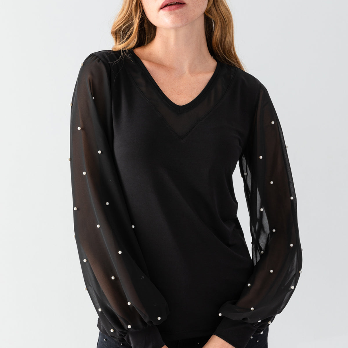 Women's Black V-Neck Blouse with Transparent Sleeves and Pearl Details on the Arms
