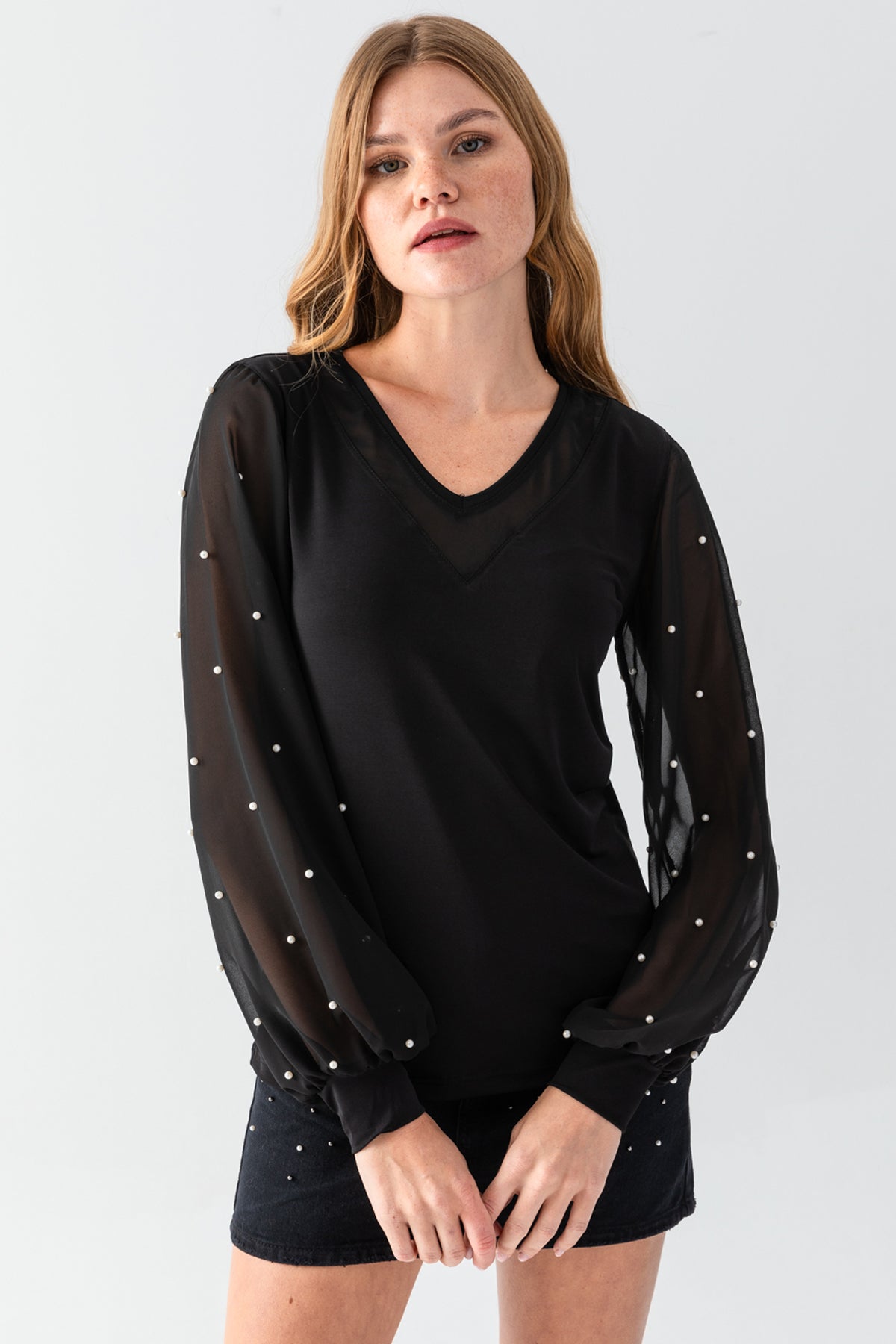 Women's Black V-Neck Blouse with Transparent Sleeves and Pearl Details on the Arms