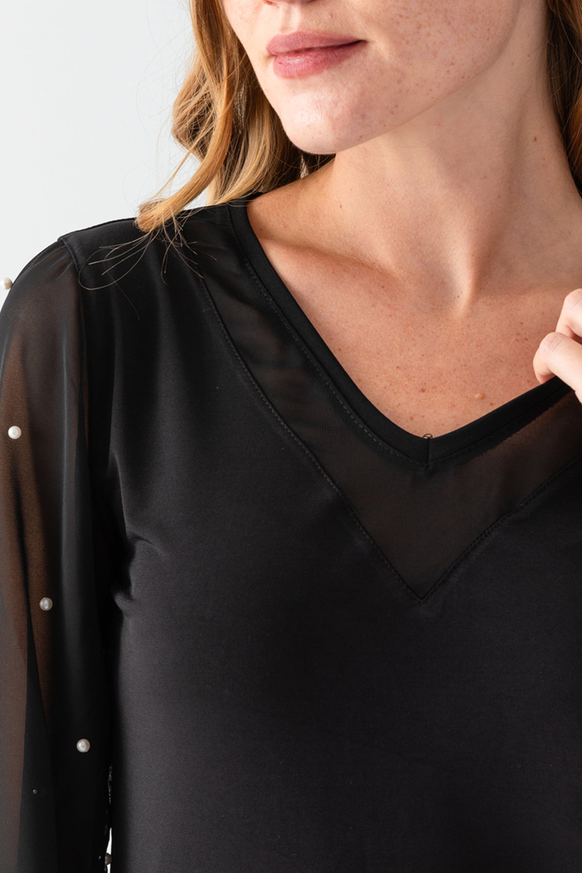 Women's Black V-Neck Blouse with Transparent Sleeves and Pearl Details on the Arms