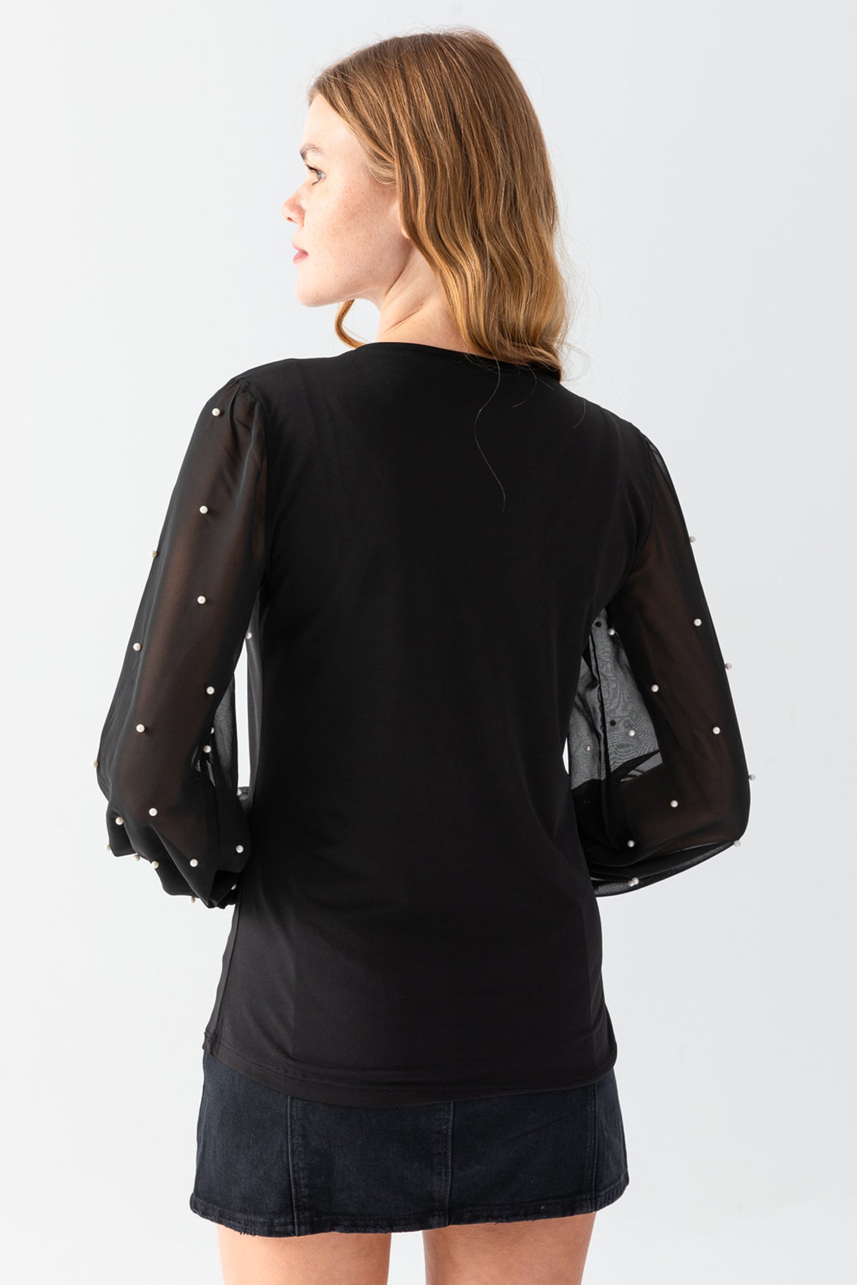 Women's Black V-Neck Blouse with Transparent Sleeves and Pearl Details on the Arms