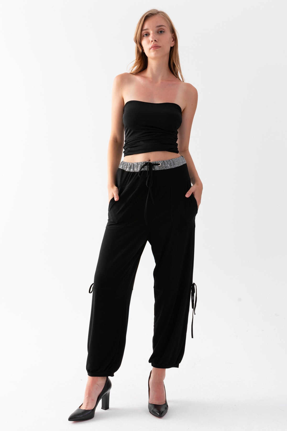 Women's Black Jersey Harem Pants with Glitter Detail at the Waist and Cuffed Hems