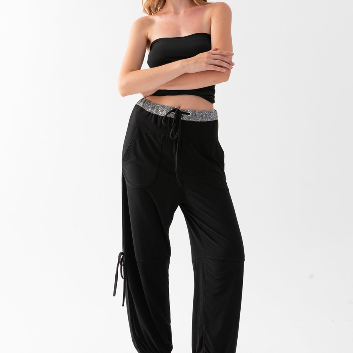 Women's Black Jersey Harem Pants with Glitter Detail at the Waist and Cuffed Hems