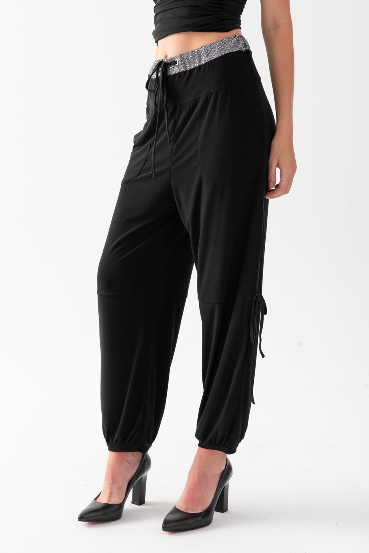Women's Black Jersey Harem Pants with Glitter Detail at the Waist and Cuffed Hems