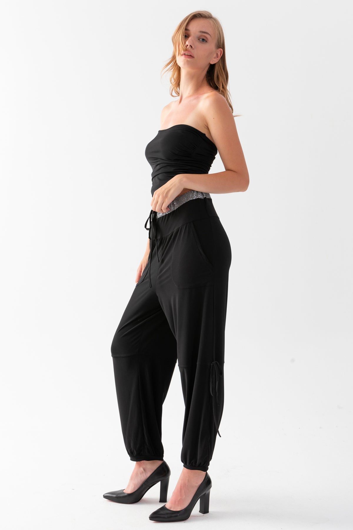 Women's Black Jersey Harem Pants with Glitter Detail at the Waist and Cuffed Hems