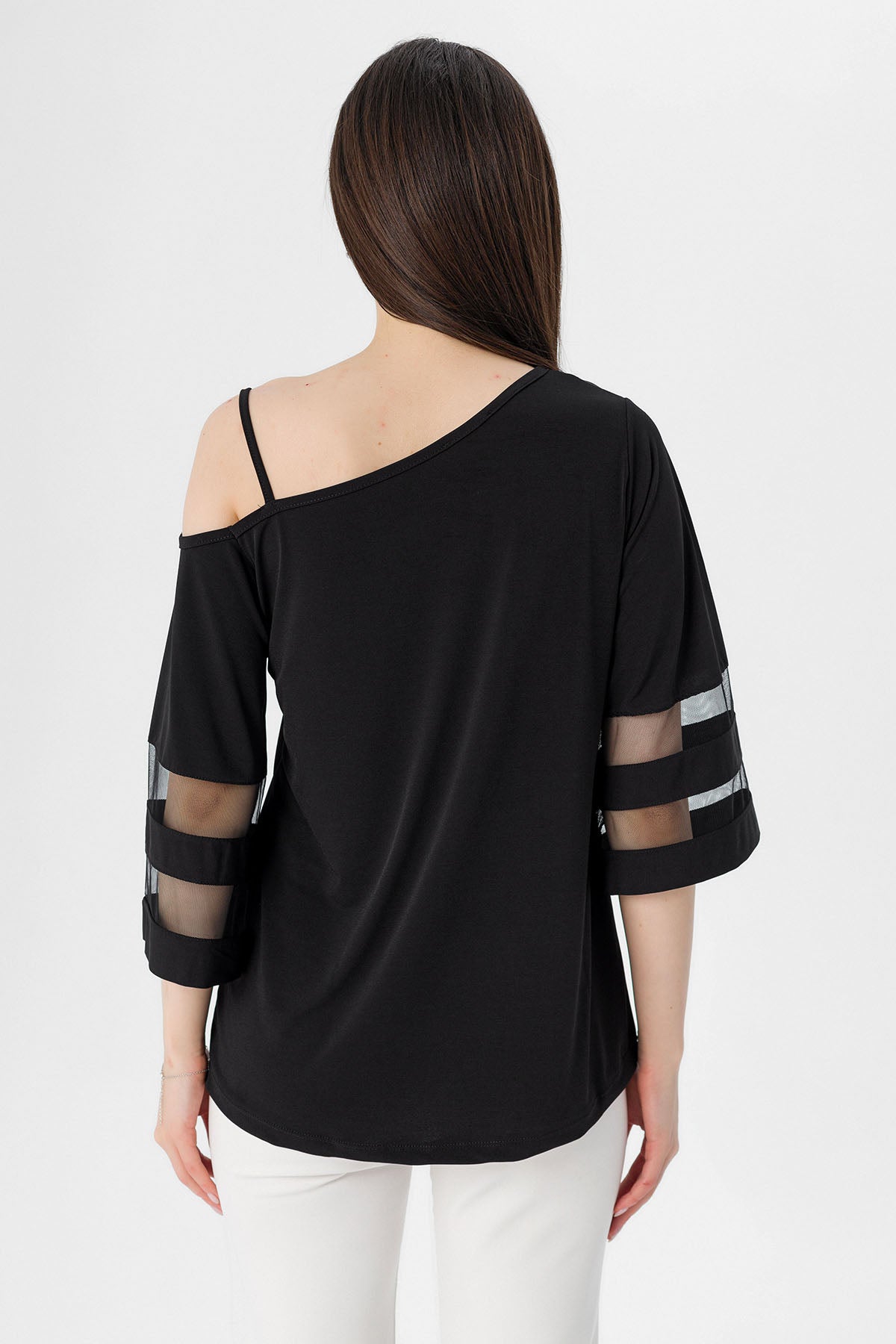 Women's Black One-Shoulder Blouse with Tulle-Detail Sleeves and a Boat Neck for Daily Wear