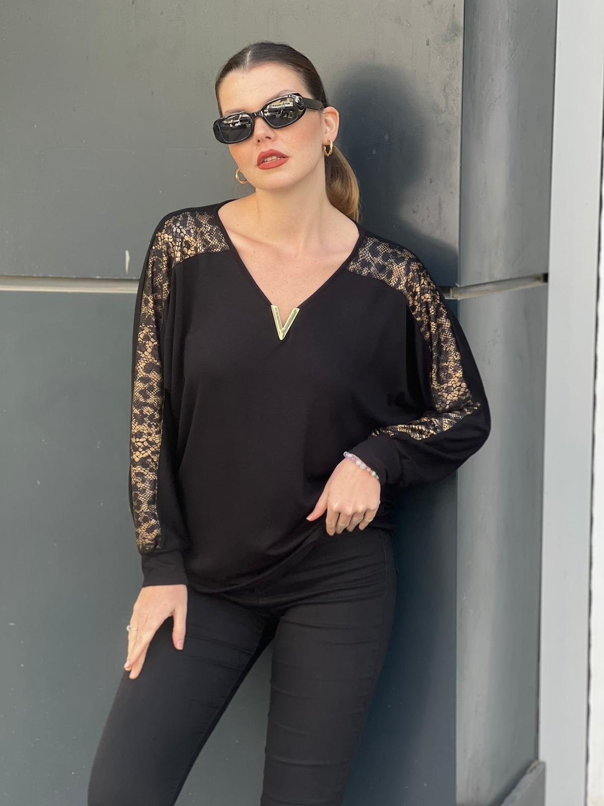 Women's Black Long-Sleeve V-Neck Viscose Blouse with Leopard-Print Sleeve Details