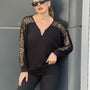 Women's Black Long-Sleeve V-Neck Viscose Blouse with Leopard-Print Sleeve Details
