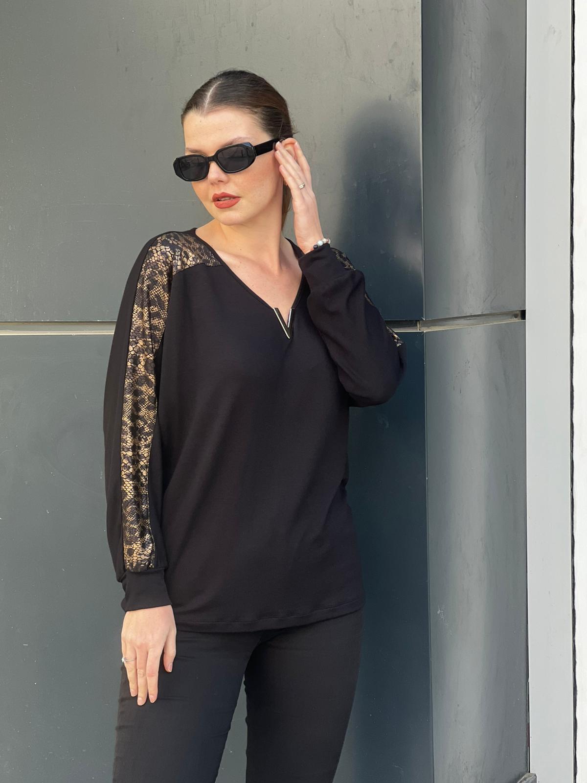 Women's Black Long-Sleeve V-Neck Viscose Blouse with Leopard-Print Sleeve Details