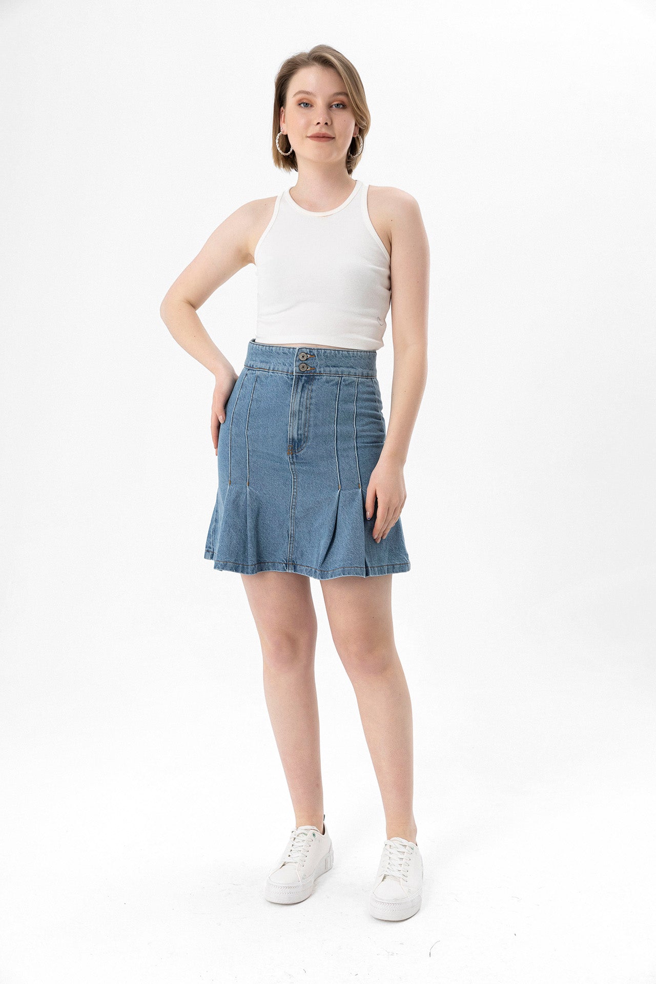 Women's Light Blue Pleated Denim Skirt
