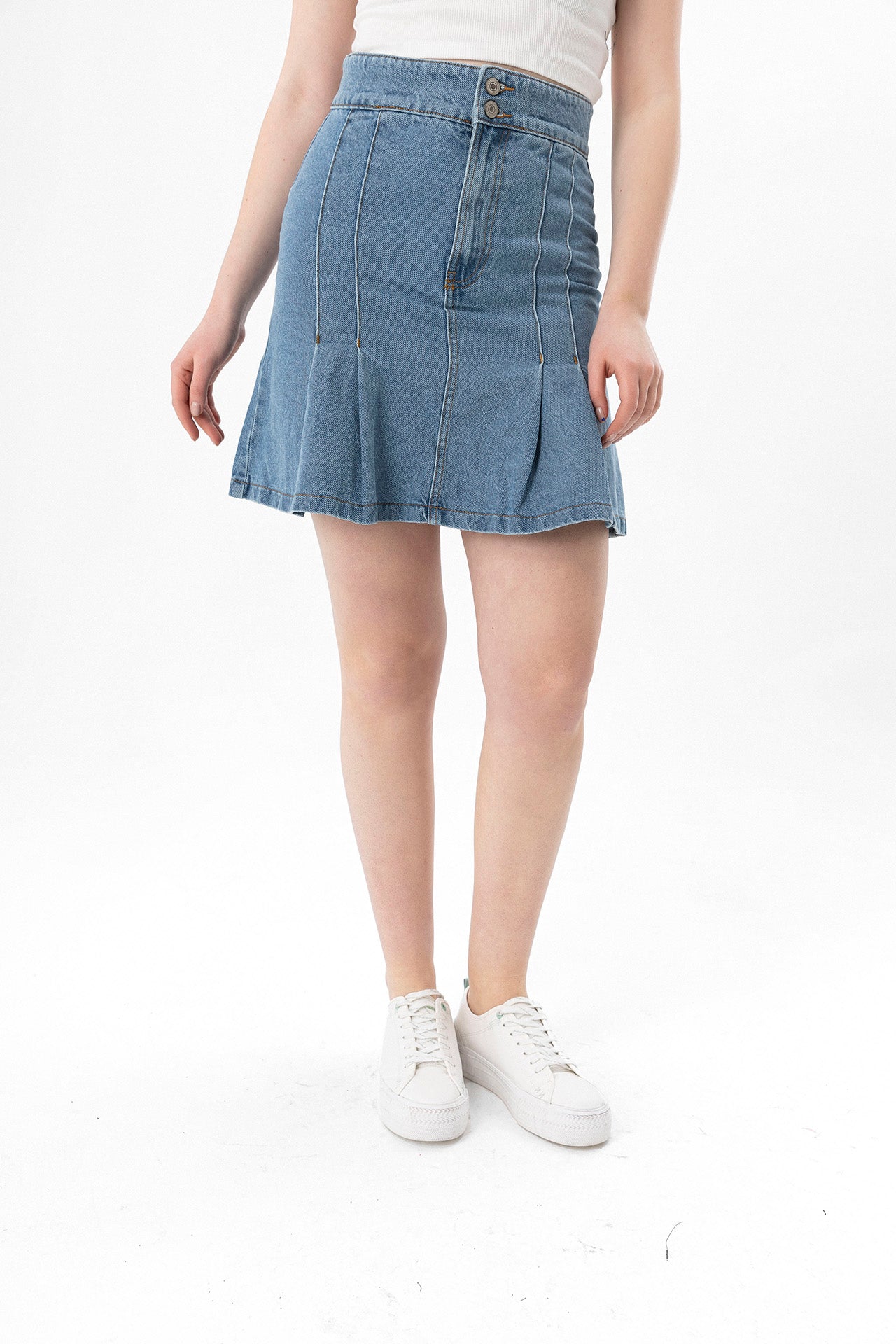 Women's Light Blue Pleated Denim Skirt