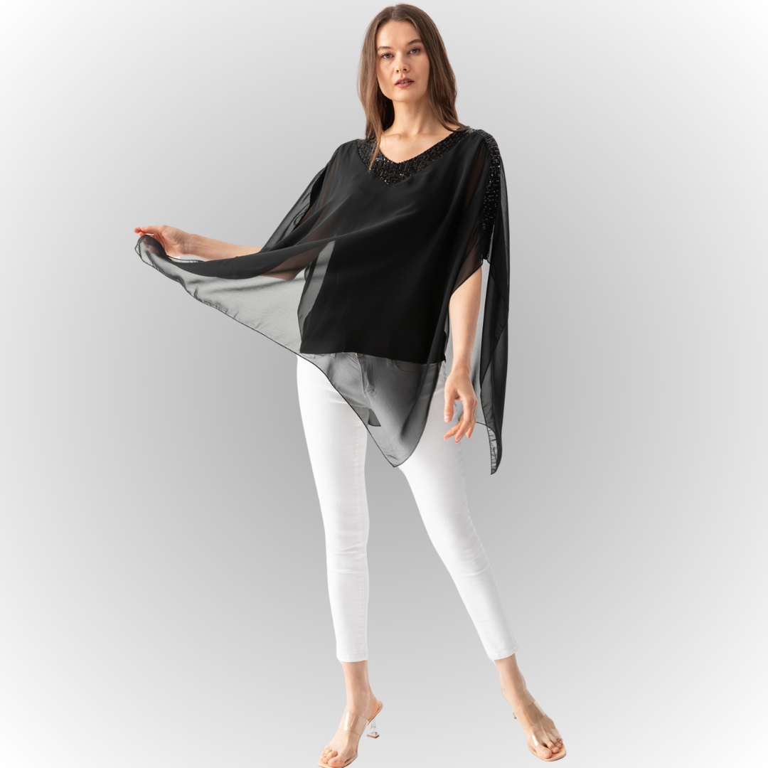 Women's Black Viscose Jersey Lined Chiffon Cape Blouse with Sequin Details in Mediterranean Style