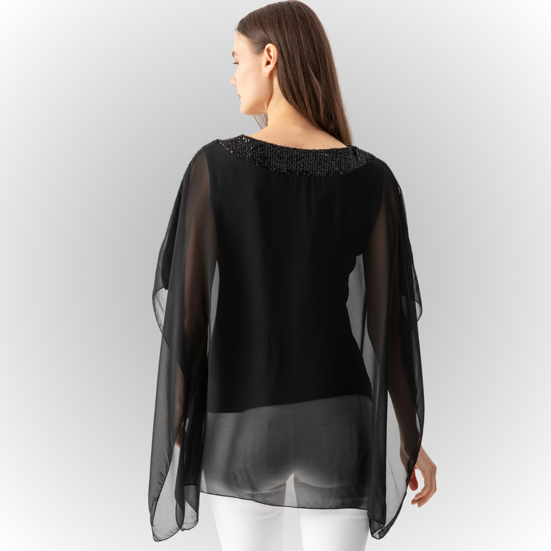 Women's Black Viscose Jersey Lined Chiffon Cape Blouse with Sequin Details in Mediterranean Style
