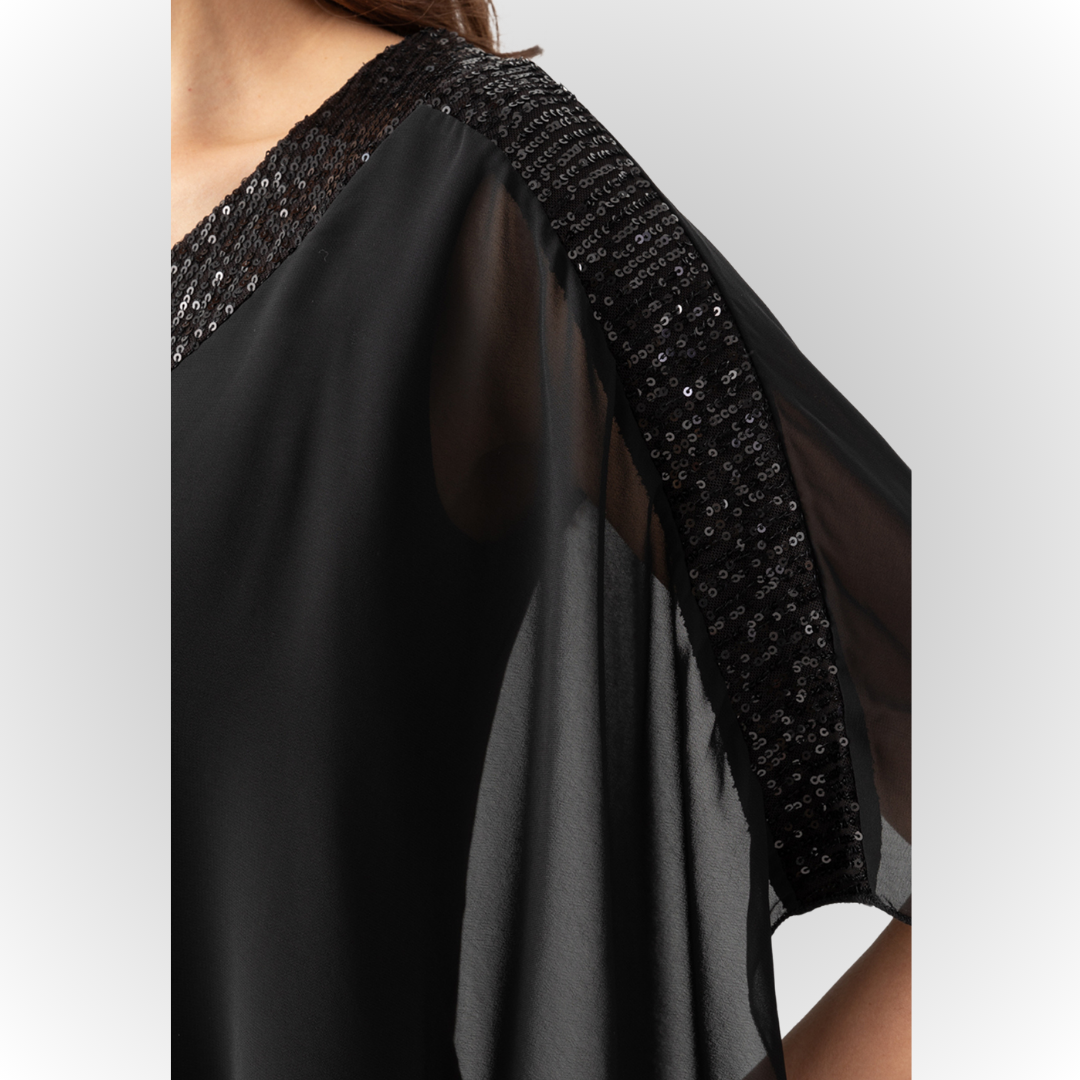 Women's Black Viscose Jersey Lined Chiffon Cape Blouse with Sequin Details in Mediterranean Style