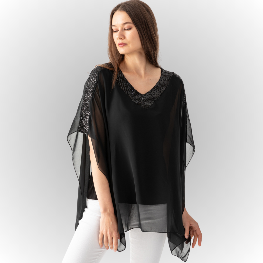 Women's Black Viscose Jersey Lined Chiffon Cape Blouse with Sequin Details in Mediterranean Style