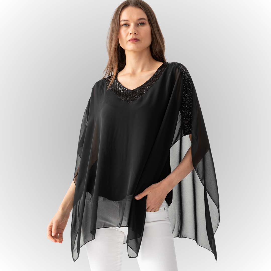 Women's Black Viscose Jersey Lined Chiffon Cape Blouse with Sequin Details in Mediterranean Style